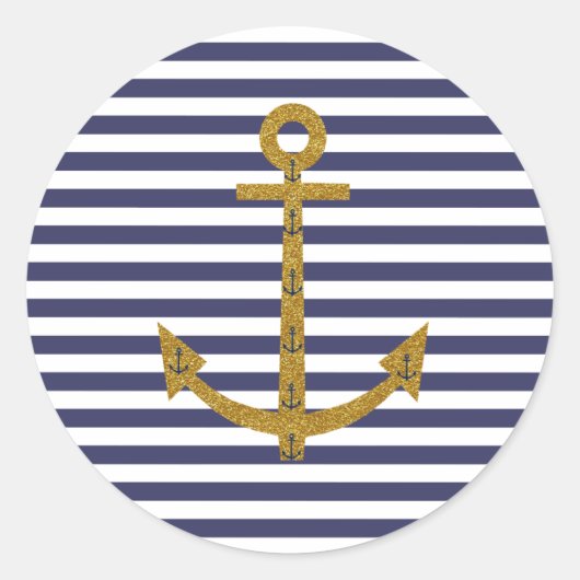 Blauw Wit Strepen Gouden Anker Glitter Print Ronde Sticker (Voorkant)