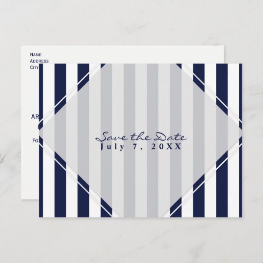 Blauw & Wit Strepen Modern Chique Save the Date Aankondigingskaart (Voorkant / Achterkant)