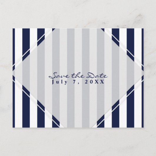 Blauw & Wit Strepen Modern Chique Save the Date Aankondigingskaart (Voorkant)