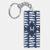 Blauw Wit Strepen Modern Monogram Sleutelhanger (Voorkant Links)