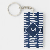 Blauw Wit Strepen Modern Monogram Sleutelhanger (Voorkant)
