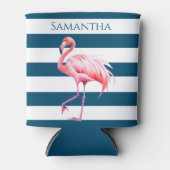 Blauw Wit Strepen Roze Flamingo Gepersonaliseerde  Blikjeskoeler (Voorkant)