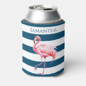 Blauw Wit Strepen Roze Flamingo Gepersonaliseerde  Blikjeskoeler (Blikje Achterkant)