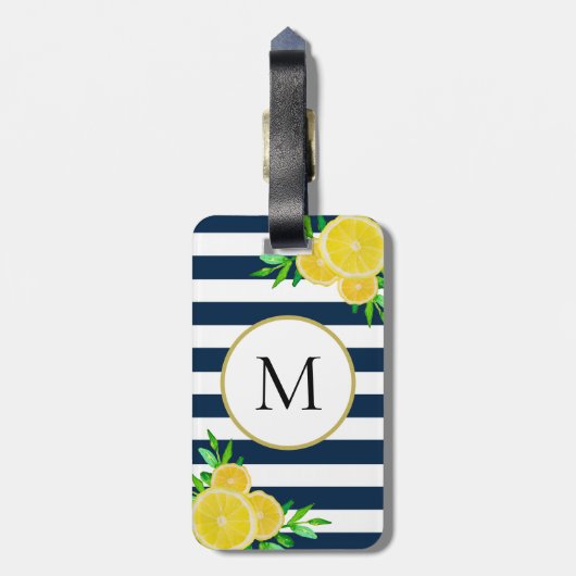 Blauw Wit Strepen Sappige Waterverf Citroen Monogr Bagagelabel (Achterkant verticaal)