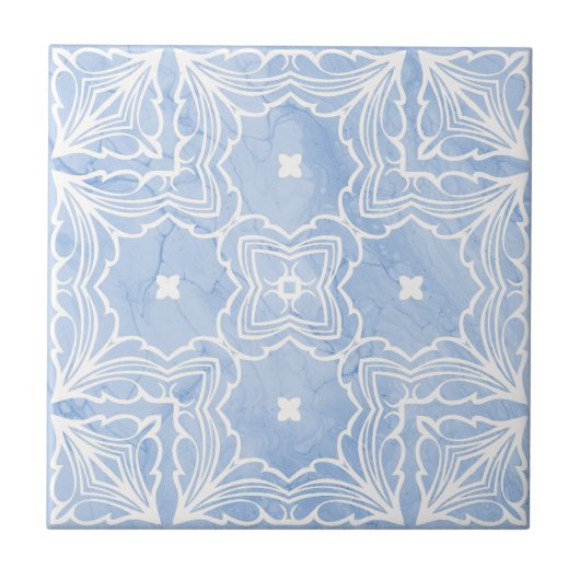 Blauw Wit Symmetrisch Patroon met Marmeren Kijk Tegeltje (Voorkant)