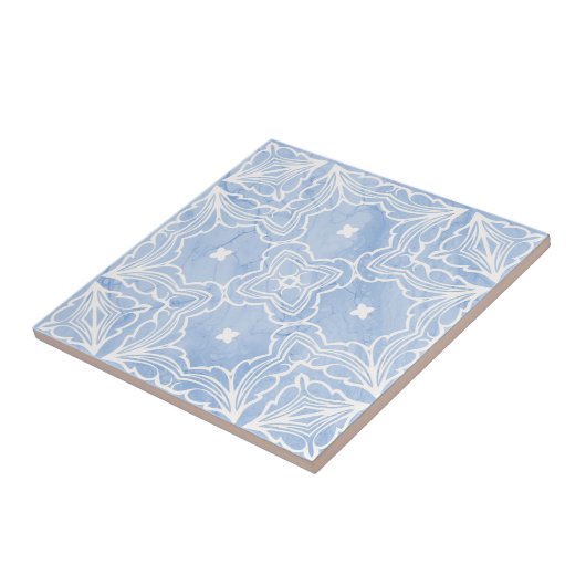 Blauw Wit Symmetrisch Patroon met Marmeren Kijk Tegeltje (Zijkant)