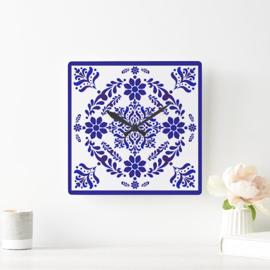 Blauw-wit Talavera Drie Vierkant Vierkante Klok (Huis)