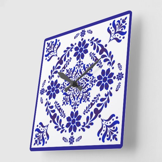 Blauw-wit Talavera Drie Vierkant Vierkante Klok (Hoek)