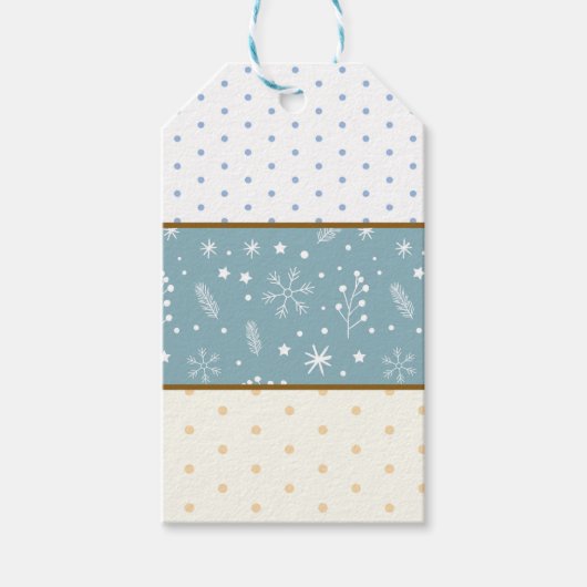 Blauw, Wit, Tan Polka Dots, Sneeuwvlokken & Sterre Cadeaulabel (Voorkant)