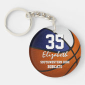 Blauw wit team kleuren spelen als een meisje baske sleutelhanger (Voorkant)