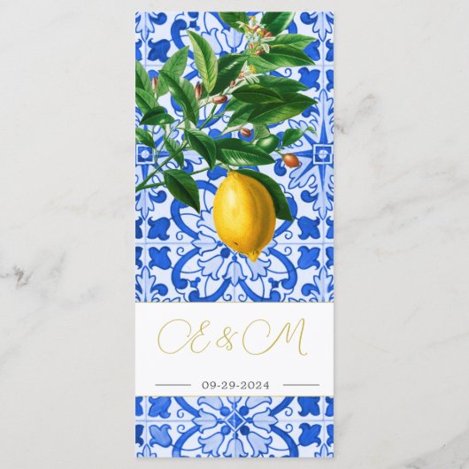 Blauw Wit Tegels Zomercitroenen Monogram Menu (Achterkant)