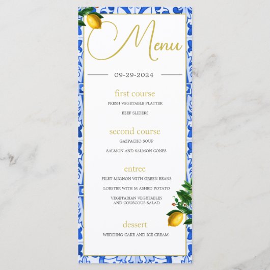 Blauw Wit Tegels Zomercitroenen Monogram Menu (Voorkant)