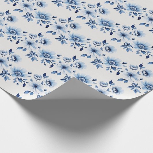 Blauw Wit Toile Bloemen Bruiloft Baby shower Cadeaupapier (Hoek)