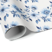 Blauw Wit Toile Bloemen Bruiloft Baby shower Cadeaupapier (Rol Hoek)