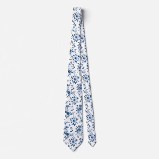 Blauw Wit Toile Bloemen bruiloft Groomsmen Groom Stropdas (Voorkant)