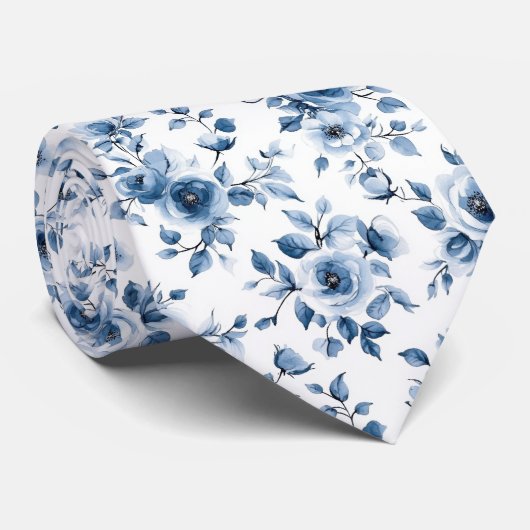 Blauw Wit Toile Bloemen bruiloft Groomsmen Groom Stropdas (Opgerold)