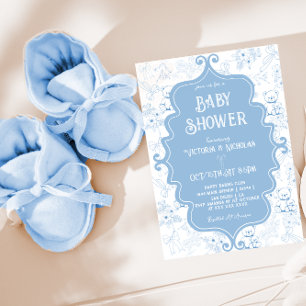 Blauw Wit Toile Bow Beer Baby Boy Shower Kaart
