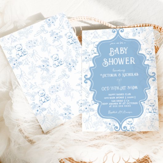 Blauw Wit Toile Bow Beer Baby Boy Shower Kaart
