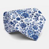 Blauw Wit Toile Chinoiserie Waterverf Floral Stropdas (Opgerold)