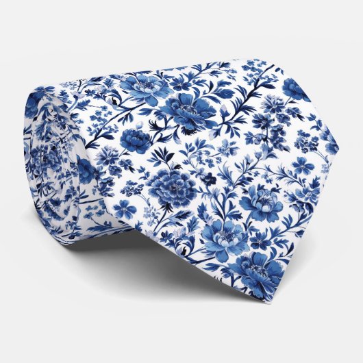 Blauw Wit Toile Chinoiserie Waterverf Floral Stropdas (Opgerold)