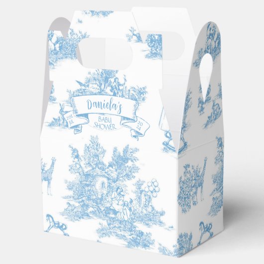 Blauw-wit Toile de Jouy Baby shower Bedankdoosjes (Geopend)