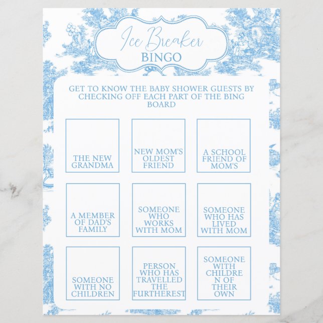 Blauw-wit Toile de Jouy Baby shower Bingo (Voorkant)