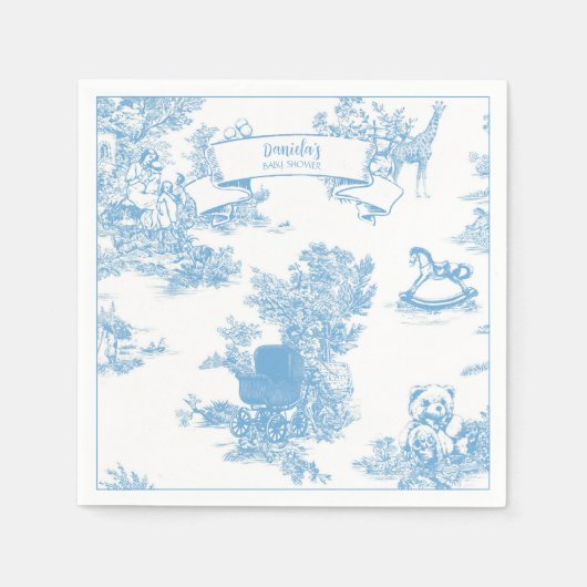 Blauw-wit Toile de Jouy Baby shower Servet (Voorkant)