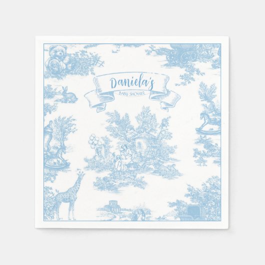 Blauw-wit Toile de Jouy Baby shower Servet (Voorkant)