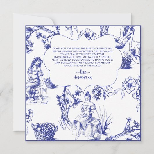 Blauw-wit Toile de Jouy Vrijgezellenfeest Bedankkaart (Achterkant)