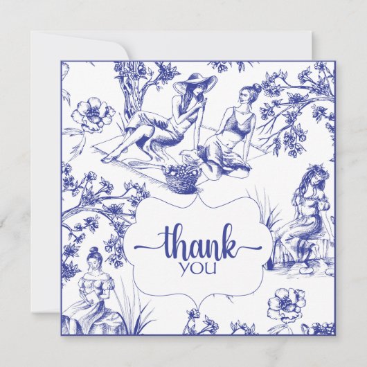 Blauw-wit Toile de Jouy Vrijgezellenfeest Bedankkaart (Voorkant)