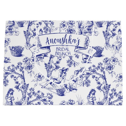 Blauw-wit Toile de Jouy Vrijgezellenfeest Groot Cadeauzakje (Voorkant)