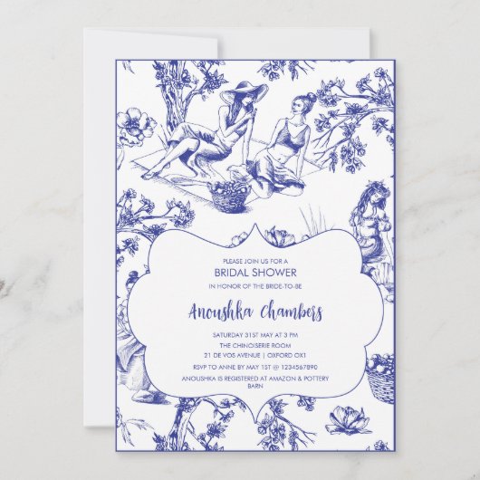 Blauw-wit Toile de Jouy Vrijgezellenfeest Kaart (Voorkant)