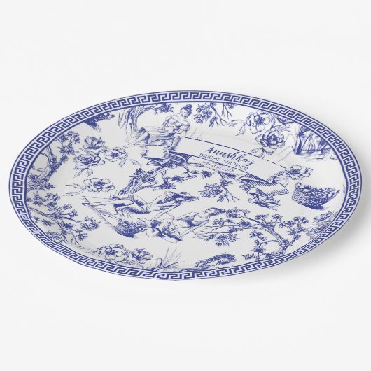 Blauw-wit Toile de Jouy Vrijgezellenfeest Papieren Bordje (Gekanteld)
