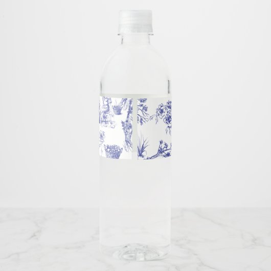 Blauw-wit Toile de Jouy Vrijgezellenfeest Waterfles Etiket (Achterkant)