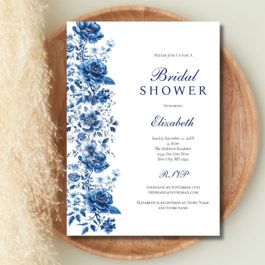 Blauw Wit Toile Floral Botanisch Vrijgezellenfeest Kaart