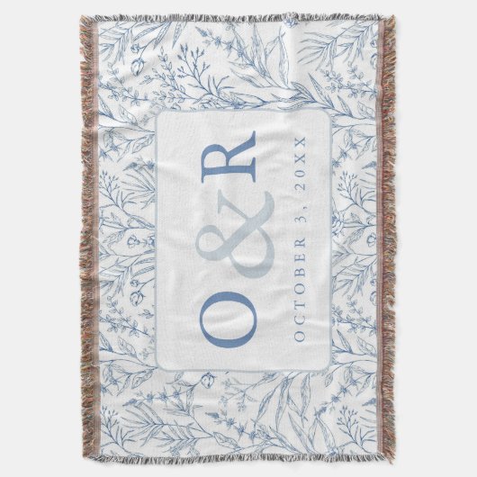 Blauw & Wit Toile Franse Bloemen Monogram Deken (Voorkant Verticaal)