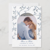 Blauw & wit Toile koppelfoto Save the Date  Kaart (Voorkant)