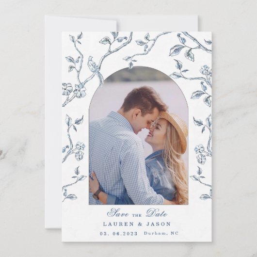 Blauw & wit Toile koppelfoto Save the Date  Kaart (Voorkant)