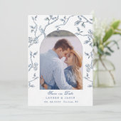 Blauw & wit Toile koppelfoto Save the Date  Kaart (Staand voorkant)