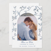 Blauw & wit Toile koppelfoto Save the Date  Kaart (Voorkant / Achterkant)