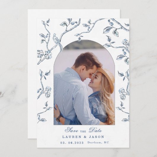Blauw & wit Toile koppelfoto Save the Date  Kaart (Voorkant / Achterkant)
