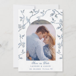 Blauw & wit Toile Koppelfoto Save the Date  Kaart
