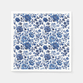 Blauw Wit Toile Waterverf Bloemen Papier Servet
