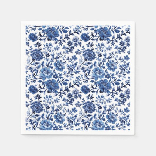 Blauw Wit Toile Waterverf Bloemen Papier Servet (Voorkant)