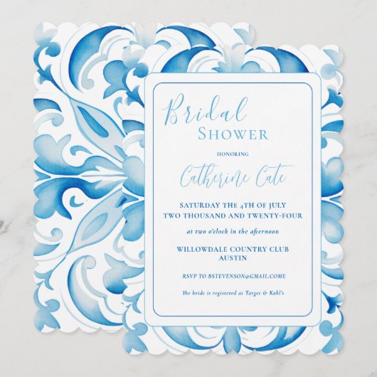 Blauw & Wit Toscaans Design Vrijgezellenfeest Kaart (Voorkant / Achterkant)