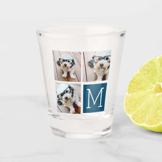 Blauw-Wit Trendy Fotocollage met Monogram Shot Glas (Voorkant)