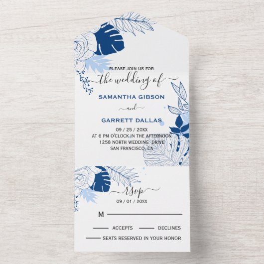 Blauw & Wit Tropisch Bladeren Bruiloft All In One Uitnodiging (Binnen)