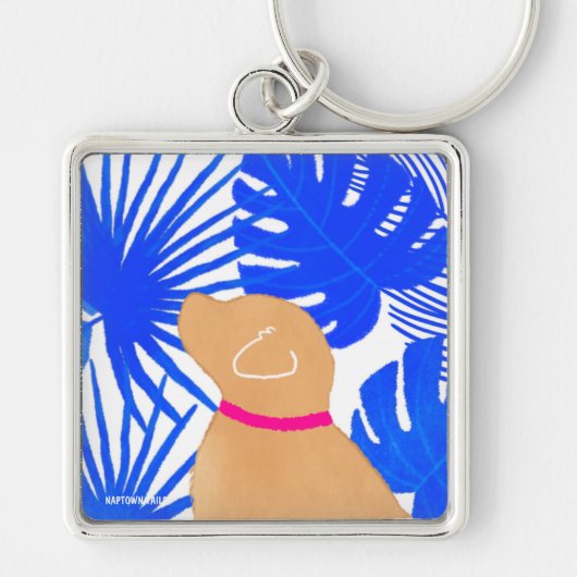 Blauw Wit Tropisch Eiland Geel Hond Sleutelhanger (Voorkant)