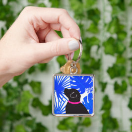 Blauw Wit Tropisch Eiland Zwart Hond Sleutelhanger