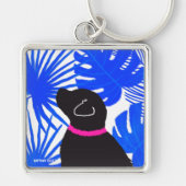 Blauw Wit Tropisch Eiland Zwart Hond Sleutelhanger (Voorkant)